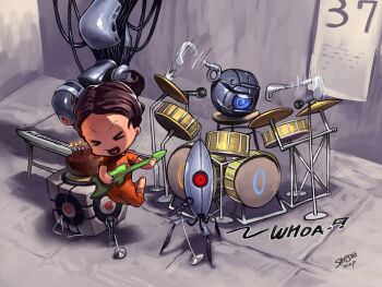 &gt;_&lt; 1girl aperture_science_weighted_companion_cube band_(music) barefoot black_forest_cake cake chell chibi closed_eyes drum drum_set epic food glados guitar instrument jumping keyboard_(instrument) microphone microphone_stand personality_core portal portal_(series) portal_1 portal_2 prosthesis saejin_oh sentry_turret_(portal) spoilers triangle_(instrument) valve wheatley