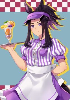 1girl alternate_costume animal_ears apron black_hair blush closed_mouth fenomeno_(umamusume) food fruit grapes hat highres holding holding_tray horse_ears horse_girl horse_tail long_hair looking_at_viewer multicolored_hair orange_(fruit) orange_slice parfait ponytail purple_eyes purple_hair purple_shirt purple_skirt sa_420 shirt short_sleeves skirt smile striped_clothes striped_shirt tail tray umamusume vertical-striped_clothes vertical-striped_shirt visor_cap waist_apron waitress whipped_cream white_apron white_shirt