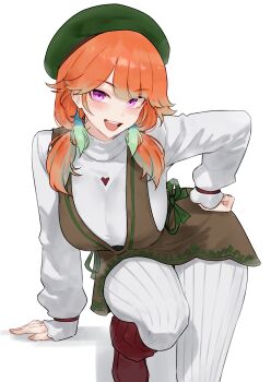 1girl :d absurdres beret bluefield boots breasts brown_dress commentary dress earrings feather_earrings feathers gradient_hair green_feathers green_hair green_hat hair_over_shoulder hand_on_own_hip hat highres hololive hololive_english jewelry large_breasts long_hair long_sleeves looking_at_viewer low_twintails multicolored_hair official_alternate_costume official_alternate_hairstyle open_mouth orange_hair pantyhose purple_eyes red_boots ribbed_pantyhose smile solo sweater takanashi_kiara takanashi_kiara_(winter_casual) teeth turtleneck turtleneck_sweater twintails upper_teeth_only virtual_youtuber white_pantyhose white_sweater