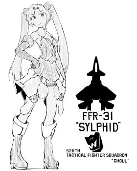 1girl boots bra breasts cleavage commentary_request greyscale long_hair monochrome personification pointy_ears sentou_yousei_shoujo_tasukete_mave-chan sketch solo sylphid task_(s_task80) twintails underwear