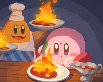 :d apron blue_background blue_eyes blush_stickers burning chef_hat chef_kawasaki commentary fire food hat kirby kirby_(series) miclot nintendo no_humans omelet omurice open_mouth plate rice smile symbol-only_commentary white_apron white_hat