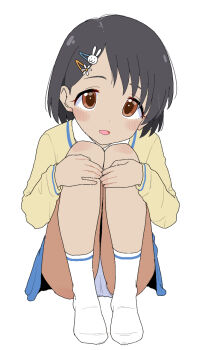 1girl black_hair blush commentary_request highres hugging_own_legs idolmaster idolmaster_cinderella_girls loli looking_at_viewer open_mouth panties sasaki_chie socks solo takku underwear white_panties white_socks