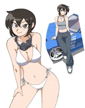 1girl bikini breasts brown_eyes brown_hair car cleavage commentary double-parted_bangs eunos_roadster grey_pants grey_tank_top hair_between_eyes hana_(vee_(427deer)) headphones headphones_around_neck highres large_breasts leaning_back looking_at_viewer mazda_mx-5 mazda_mx-5_na motor_vehicle multiple_views navel original pants short_hair side-tie_bikini_bottom smile stomach swimsuit symbol-only_commentary tank_top vee_(427deer) white_background white_bikini