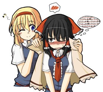 Rule 34 | 2girls, alice margatroid, alice margatroid (cosplay), alternate costume, black eyes, black hair, blonde hair, blue dress, blue eyes, blush, bow, capelet, commentary request, cosplay, dress, embarrassed, hair bow, hair tubes, hairband, hakurei reimu, japanese text, lysander z, multiple girls, musical note, necktie, one eye closed, open mouth, sash, shirt, short sleeves, simple background, smile, speech bubble, spoken blush, thought bubble, touhou, translated, v arms, white background, wink, yuri