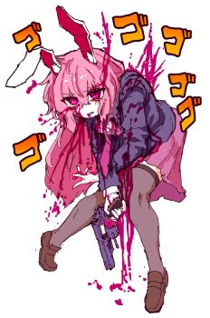 1girl absurdres animal_ears bilingual_commentary bleeding blood blood_from_mouth blood_on_clothes blood_on_face brown_shoes brown_thighhighs bullet commentary english_commentary full_body gloves gun gunshot_wound handgun highres holding holding_bullet holding_gun holding_weapon jacket jojo_no_kimyou_na_bouken loafers long_hair long_sleeves looking_at_viewer mixed-language_commentary pink_eyes pink_hair pink_skirt purple_jacket rabbit_ears rabbit_girl rampa93 reisen_udongein_inaba reloading revolver scene_reference shirt shoes simple_background single_glove skirt solo thighhighs touhou translation_request vento_aureo very_long_hair weapon white_background white_gloves white_shirt