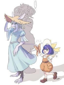 1boy 2girls amarant_coral aqua_dress artist_name beard blue_hair bow breasts brown_shoes burmecian clawed_feet claws dreadlocks dress earrings eiko_carol facial_hair final_fantasy final_fantasy_ix freya_crescent full_body furry furry_female gloves green_eyes grey_hair hair_between_eyes hair_bow hair_over_eyes hand_on_headwear hat highres hoop_earrings horns jewelry medium_breasts medium_hair mekyo mini_wings mouse_girl multiple_girls open_mouth orange_bow orange_overalls overalls puffy_short_sleeves puffy_sleeves shirt shoes short_hair short_sleeves single_horn smile socks straw_hat sun_hat tail tail_bow tail_ornament white_background white_gloves white_hat white_shirt white_socks wings yellow_bow