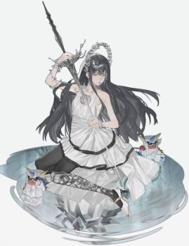 1girl bare_shoulders black_hair closed_mouth collarbone digimon dress eve7d6 highres holding holding_weapon humanization long_hair looking_at_viewer omekamon rapier shoes simple_background solo sword weapon white_dress yggdrasill_(digimon)