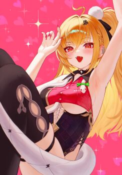 Rule 34 | 1girl, absurdres, ahoge, arm up, armpits, black thighhighs, blonde hair, blush, breasts, cissia (zenless zone zero), cleavage, commentary, english commentary, fangs, fingernails, hair between eyes, hair ornament, hairclip, highres, knees up, long hair, looking at viewer, open mouth, pink nails, red eyes, shock collar, simple background, snake, snake tail, solo, tail, thighhighs, underboob, white background, white snake, yamisroot, zenless zone zero