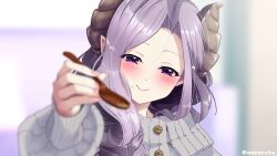 Rule 34 | 1girl, blurry, blurry background, blush, brown horns, demon girl, demon horns, feeding, half-closed eyes, holding, holding spoon, horns, incoming food, long hair, long sleeves, looking at viewer, mocosuka, mole, mole under mouth, nanashi inc., pointy ears, pov, purple eyes, purple hair, saionji mary, smile, solo, spoon, twitter username, upper body