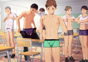 6+boys :d black_hair black_pants blush boxer_briefs brown_eyes brown_hair bulge buzz_cut chair chalkboard classroom clothes_pull collarbone commentary_request covered_penis desk dress_shirt eye_contact facing_viewer green_boxer_briefs green_male_underwear grey_boxer_briefs grey_male_underwear gym_shirt hands_up highres indoors ironasi247 light_particles loafers looking_at_another looking_down male_focus male_underwear multiple_boys navel nipples no_pants open_clothes open_mouth open_shirt original pants pants_pull pectorals puffy_nipples pulling_own_clothes purple_boxer_briefs purple_male_underwear school school_chair school_desk shirt shoes short_hair short_sleeves smile spiked_hair standing sweatdrop toned toned_male topless_male underwear underwear_only undressing very_short_hair white_boxer_briefs white_male_underwear white_shirt window wooden_floor