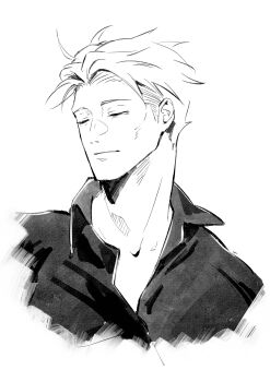 Rule 34 | 1boy, 28cg, absurdres, closed eyes, collared shirt, highres, jujutsu kaisen, male focus, monochrome, nanami kento, portrait, shirt, short hair, simple background, sketch, white background