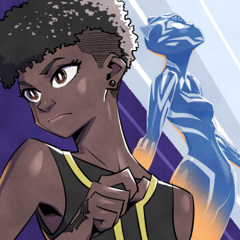 1girl animal_ears bare_shoulders black_hair black_panther:_wakanda_forever black_panther_(series) black_panther_(shuri) bodysuit bright_pupils brown_eyes close-up closed_mouth curly_hair dark-skinned_female dark_skin earrings fake_animal_ears hand_up jewelry lips looking_to_the_side looking_up marvel multiple_views panther_ears shuri_(marvel) side_cut sleeveless sunafuki_tabito superhero_costume tattoo