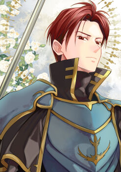 1boy armor blue_armor breastplate commentary_request fire_emblem fire_emblem:_the_sacred_stones gold_trim highres holding holding_polearm holding_weapon looking_at_viewer male_focus nintendo pauldrons polearm red_eyes red_hair seth_(fire_emblem) shibahiyori1202 short_hair shoulder_armor solo spear weapon