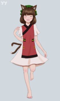 Rule 34 | 1girl, :d, animal ear fluff, animal ear piercing, animal ears, bare legs, barefoot, blunt bangs, blush, brown hair, cat ears, cat tail, chen, closed eyes, dress, eyebrows hidden by hair, fang, foul detective satori, full body, grey background, hand up, happy, hat, highres, medium hair, mob cap, multiple tails, nekomata, non-web source, open mouth, red dress, self-upload, short sleeves, simple background, skin fang, smile, solo, standing, standing on one leg, tail, touhou, two tails, white dress, yyf (seaknight)