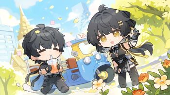 Rule 34 | 1boy, 1girl, absurdres, black dress, black gloves, black hair, black jacket, black pants, blue sky, breasts, chibi, chibi only, closed mouth, commentary request, cup, day, disposable cup, dress, drinking straw, drinking straw in mouth, dual persona, female rover (wuthering waves), gloves, hair intakes, hair ornament, hairclip, highres, holding, holding cup, jacket, looking at viewer, male rover (wuthering waves), medium breasts, official art, open mouth, outdoors, pants, parallel hairclips, rover (wuthering waves), sky, sleeveless, sleeveless dress, smile, tacet mark (wuthering waves), thai commentary, waving, wuthering waves, yellow eyes