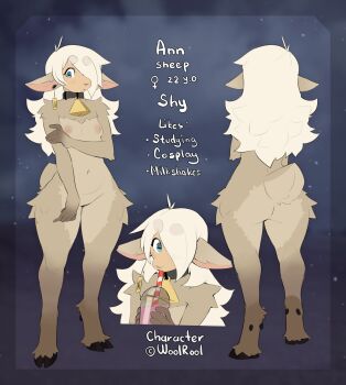 1boy animal_ears ann_(woolrool) artist_name ass bell black_choker body_fur brown_fur choker cup disposable_cup drinking english_text furry furry_female highres holding holding_cup long_hair multiple_views navel neck_bell original pussy reference_sheet sheep_ears sheep_girl sheep_tail standing tail white_hair woolrool