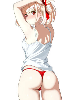 1girl absurdres arms_up ass breasts cameltoe camisole closed_mouth from_behind hair_ribbon highres large_breasts looking_at_viewer looking_back lycoris_recoil nishikigi_chisato panties red_eyes red_panties red_ribbon ribbon short_hair simple_background solo tetsuado underwear white_background white_camisole