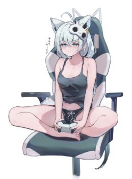 1girl absurdres ahoge alternate_costume animal_ear_fluff animal_ear_piercing animal_ears aqua_eyes bare_arms bare_legs barefoot black_shorts breasts camisole chair cleavage closed_mouth commentary_request controller crossed_legs double-parted_bangs fox_ears fox_girl fox_tail full_body game_controller gaming_chair grey_camisole hair_between_eyes highres holding holding_controller holding_game_controller hololive indian_style long_hair loungewear midriff navel nishiro_hato on_chair shirakami_fubuki short_shorts shorts simple_background sitting solo swivel_chair tail virtual_youtuber white_background white_hair
