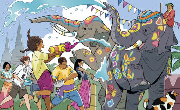 alt_text black_hair blue_shirt blue_sky braid brown_hair bunting calico_(pattern) calico_cat cat child commentary_request dark-skinned_female dark-skinned_male dark_skin day drum_(container) elephant fat fat_man glasses gradient_clothes gradient_skirt gurihiru long_hair multiple_boys multiple_girls open_mouth original palm_tree pha_nung pink_shorts pink_skirt profile purple_sash sash shirt short_hair shorts skirt sky smile splashing thailand tree tusks twin_braids water_gun wet wet_clothes wet_hair yellow_shirt