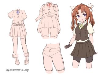 ahoge bike_shorts black_gloves brown_hair chart contrapposto cropped_legs fingerless_gloves gloves green_ribbon grey_skirt grey_vest hair_ribbon kagerou_(kancolle) kagerou_kai_ni_(kancolle) kantai_collection long_hair looking_at_viewer neck_ribbon panties_under_bike_shorts ribbon shirt short_sleeves shorts shorts_under_skirt simple_background skirt someno_haru standing twintails vest white_background white_ribbon white_shirt