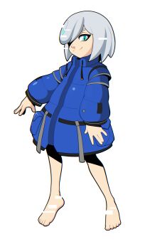1girl absurdres bare_legs barefoot blue_coat blue_eyes closed_mouth coat commentary cosplay diana_(pragmata) diana_(pragmata)_(cosplay) drawstring english_commentary full_body grey_hair highres long_sleeves looking_at_viewer novika padded_coat pragmata puffy_coat puffy_long_sleeves puffy_sleeves sage_(sonic) short_hair simple_background smile solo sonic_(series) sonic_frontiers white_background