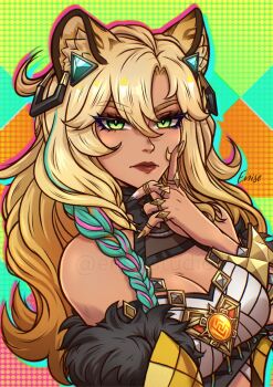 1girl absurdres animal_ear_fluff animal_ears aqua_hair bare_shoulders black_fur blonde_hair braid breasts brown_lips cleavage coat commentary dark-skinned_female dark_skin english_commentary enise eyeshadow finger_to_cheek fur-trimmed_coat fur_trim genshin_impact geo_symbol_(genshin_impact) green_eyes hair_between_eyes hand_up highres jewelry leopard_ears long_hair looking_at_viewer makeup medium_breasts multicolored_hair off_shoulder pink_hair ring solo upper_body vision_(genshin_impact) watermark xilonen_(genshin_impact) yellow_coat