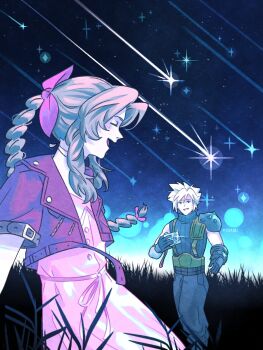 Rule 34 | 1boy, 1girl, aerith gainsborough, armor, belt, black gloves, blonde hair, blue pants, blue shirt, braid, braided ponytail, brown belt, brown hair, camera, closed eyes, cloud strife, commentary, cropped jacket, dress, emi-bianchi, english commentary, final fantasy, final fantasy vii, final fantasy vii rebirth, final fantasy vii remake, gloves, grass, hair ribbon, highres, holding, holding camera, jacket, light blush, long hair, looking at another, meteor shower, night, night sky, open mouth, outdoors, pants, parted bangs, pauldrons, pink dress, pink ribbon, red jacket, ribbon, sharp teeth, shirt, short hair, shoulder armor, sidelocks, single bare shoulder, single braid, single pauldron, sky, smile, suspenders, teeth, twitter username, upper body