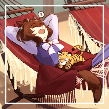 Rule 34 | 1girl, agnes tachyon (umamusume), arm tattoo, arms behind head, arms up, blanket, blanket over midsection, bow, bowtie, closed eyes, hammock, highres, on hammock, open mouth, pleated skirt, purple shirt, school uniform, shirt, skirt, sleeping, solo, spoken zzz, stuffed animal, stuffed tiger, stuffed toy, sumikaracafe, tattoo, tracen school uniform, umamusume, white bow, white bowtie, zzz