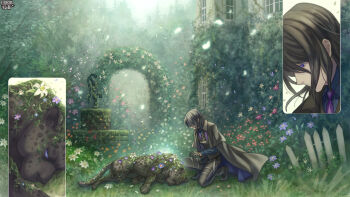 1boy arch black_coat black_footwear black_hair black_panther black_pants building coat copyright_name day fence floral_arch flower fujimori_kageyomi grass highres jaguar kerberos_blade necktie outdoors panther pants picket_fence purple_eyes purple_necktie squatting tsukioka_keru water_pump well wooden_fence