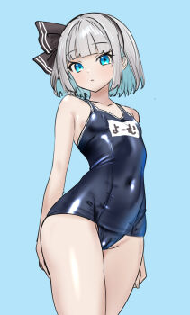 1girl black_bow blue_eyes bow collarbone grey_hair highres konpaku_youmu navel school_swimsuit simple_background soara_shimomo swimsuit touhou