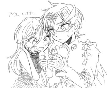 Rule 34 | 2girls, blush, closed mouth, commentary request, dress, eye mask, food, greyscale, hair between eyes, half mask, holding, holding ice cream cone, ice cream, ice cream cone, itomugi-kun, iwanaga ariya, long hair, long hair between eyes, long sleeves, mask, mask over one eye, melting, monochrome, multiple girls, open mouth, shirt, skeletal clothes, sketch, sleeveless, sleeveless dress, sweatdrop, touhou, translation request, turtleneck, turtleneck dress, very long hair, yuiman asama