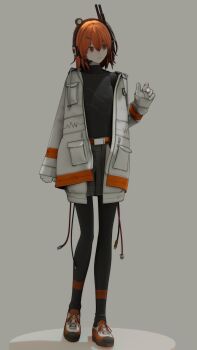 1girl 3d a.i._voice adachi_rei arched_back arm_at_side black_leggings cable closed_mouth commentary_request expressionless full_body gloves grey_background grey_skirt hair_ribbon hand_up headlamp headset heel_up highres hirota_tsuu jacket leggings long_sleeves medium_hair off_shoulder one_side_up open_clothes open_jacket orange_eyes orange_hair overskirt pale_skin radio_antenna ribbon shadow shoes sideways_glance simple_background skirt sleeves_past_wrists sneakers solo standing utau white_gloves white_jacket white_ribbon