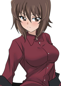 Rule 34 | 1girl, absurdres, blush, breasts, brown eyes, brown hair, dress shirt, girls und panzer, hair between eyes, highres, jacket, kuromorimine military uniform, large breasts, looking to the side, military, military uniform, nishizumi maho, putting on jacket, red shirt, shirt, short hair, solo, unbuttoned jacket, wakku kan
