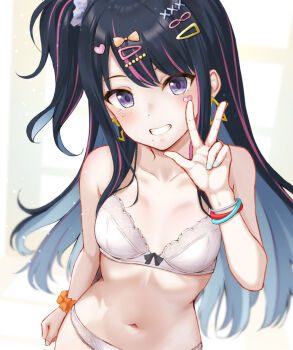 1girl aqua_nails arm_at_side black_hair blush bow bow_bra bra breasts ca_paria commentary_request fingernails grey_eyes grin hair_bow hair_ornament hairclip hand_up heart heart_hair_ornament heart_sticker idolmaster idolmaster_shiny_colors kazano_hiori long_hair looking_at_viewer medium_breasts multicolored_hair nail_polish navel one_side_up panties parted_bangs smile solo standing sticker sticker_on_face stomach streaked_hair underwear underwear_only upper_body variant_set w white_bra white_panties wristband yellow_background