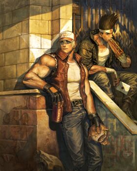 absurdres baseball_cap belt black_hair blonde_hair blue_eyes brown_eyes burger can commentary denim drink_can eating english_commentary fast_food fatal_fury fatal_fury_cap fingerless_gloves food food_bite food_wrapper full_body gloves hat headband highres holding holding_burger holding_food jacket jeans joe_higashi leather leather_jacket long_hair male_focus multiple_boys muscular official_art ogura_eisuke pants ponytail shirt soda_can standing terry_bogard the_king_of_fighters torn_clothes torn_sleeves