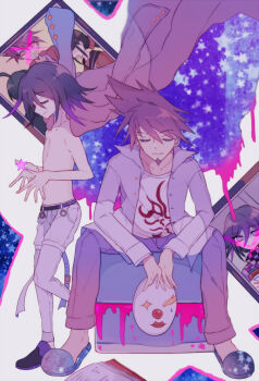 Rule 34 | 2boys, arguing, belt, belt buckle, black belt, black shoes, blood, blood drip, blue coat, blue slippers, buckle, cape, closed eyes, closed mouth, clown mask, coat, coat on shoulders, collarbone, collared jacket, colored tips, commentary request, danganronpa (series), danganronpa v3: killing harmony, denim, dress shoes, faceless, faceless female, facial hair, flame print, floating clothes, full body, goatee, grey jacket, hair between eyes, happy, harukawa maki, holding, holding mask, hydraulic press, iei, jacket, jeans, long sleeves, male focus, mask, momota kaito, multicolored hair, multicolored shoes, multiple boys, no nipples, object floating above hand, oma kokichi, open belt, open clothes, open jacket, pale skin, pants, pectorals, photo (object), pink blood, pointy nose, print cape, print shirt, print slippers, purple coat, purple hair, purple pants, purple shoes, sad, saihara shuichi, sakura (fein5862817), shirt, shoes, short hair, sitting, sleeve cuffs, slippers, smile, space print, spiked hair, spoilers, star (symbol), star print, starry sky print, thigh belt, thigh strap, topless male, two-sided cape, two-sided fabric, two-tone shoes, white background, white belt, white pants, white shirt