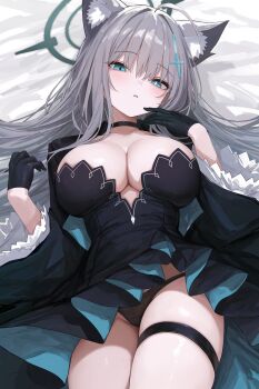 1girl absurdres animal_ear_fluff animal_ears black_choker black_dress black_gloves black_panties blue_archive blue_eyes breasts choker cross cross_hair_ornament dark_halo dress gloves grey_hair hair_between_eyes hair_ornament halo highres inverted_cross large_breasts long_hair looking_at_viewer mismatched_pupils panties shiroko_terror_(blue_archive) solo tateishi_kureha thigh_strap underwear very_long_hair wolf_ears wolf_girl