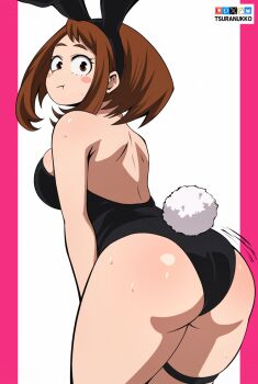 1girl animal_ear_hairband animal_ears artist_name ass black_leotard bluesky_logo boku_no_hero_academia breasts brown_eyes brown_hair closed_mouth fake_animal_ears fake_tail hairband highleg highleg_leotard large_breasts leotard looking_at_viewer looking_back patreon_logo pixiv_logo playboy_bunny pout rabbit_ear_hairband rabbit_ears rabbit_tail solo tail thigh_strap tsuranukko twitter_x_logo uraraka_ochako