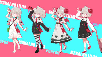 1girl ahoge bag bobby_socks boots braid controller curled_horns demon_girl demon_wings dress full_body game_controller grey_hair handbag highres holding holding_controller holding_game_controller horns long_hair makaino_ririmu makaino_ririmu_(1st_costume) makaino_ririmu_(2nd_costume) makaino_ririmu_(3rd_costume) mary_janes miniskirt multicolored_hair multiple_views nijisanji one_eye_closed open_mouth red_eyes red_hair sandals shoes short_hair skirt smile socks streaked_hair striped_clothes striped_thighhighs suitcase sundress thighhighs twin_braids two-tone_hair utsusumi_kio v virtual_youtuber wings zettai_ryouiki