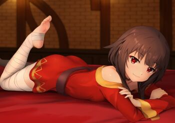 1girl bandaged_leg bandages bare_shoulders bed_sheet belt breasts brown_belt brown_hair closed_mouth collar dress feet foot_out_of_frame foot_up gibun_(sozoshu) gold_trim highres indoors kono_subarashii_sekai_ni_shukufuku_wo! legs loli long_sleeves looking_at_viewer megumin no_shoes off_shoulder on_bed red_dress red_eyes short_dress short_hair_with_long_locks sidelocks small_breasts smile soles solo stirrup_legwear toeless_legwear toenails toes