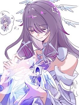 2girls bow brown_hair choker closed_eyes closed_mouth columbina_(genshin_impact) detached_sleeves dress eye_mask feathered_wings gem genshin_impact grey_headdress hair_between_eyes hair_ornament hand_on_own_face hands_up head_wings headdress highres jewelry long_hair long_sleeves magic mask mini_person minigirl multicolored_hair multiple_girls multiple_wings pendant purple_gem purple_hair sandrone_(genshin_impact) short_hair_with_long_locks sidelocks simple_background sleeveless sleeveless_dress smile speech_bubble strapless strapless_dress thought_bubble two-tone_hair upper_body wanxlin9 white_background white_bow white_choker white_dress white_mask white_sleeves wide_sleeves wing_collar wings x_hair_ornament