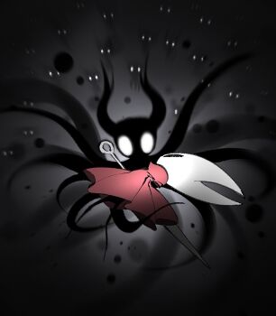 1girl 6+others black_skin cloak colored_skin from_side glowing glowing_eyes hollow_knight hollow_knight:_silksong hornet_(hollow_knight) looking_at_another multiple_others needle_(hollow_knight) p_0p red_cloak tentacles void_entity_(hollow_knight) white_mask