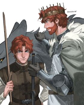 1boy a_song_of_ice_and_fire animal armor artist_name bad_tag beard black_gloves cape chainmail commentary crown dire_wolf etceteraart facial_hair fur-trimmed_cape fur_trim gloves grey_eyes hand_on_animal hand_on_own_hip highres long_sleeves male_focus multiple_views orange_hair over_shoulder profile puffy_sleeves robb_stark short_hair simple_background smile sword sword_over_shoulder weapon weapon_over_shoulder white_background white_cape wolf wooden_sword