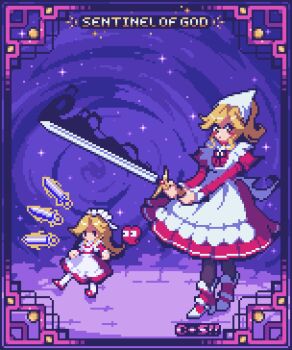 Rule 34 | 1girl, alternate costume, apron, artist name, blonde hair, comet summoner98, dress, english text, hat, heart, holding, holding sword, holding weapon, long hair, long sleeves, maid, maid headdress, multiple girls, multiple swords, multiple views, pixel art, red dress, red shoes, ribbon, shoes, solo, sword, touhou, touhou (pc-98), weapon, yellow eyes, yumeko (touhou)