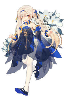 1girl :d absurdres bare_shoulders black_dress black_footwear blue_dress detached_sleeves double_bun dress flower full_body hair_bun hair_flower hair_ornament highres ibex looking_at_viewer open_mouth original pantyhose scrunchie simple_background smile solo standing standing_on_one_leg tassel twintails two-tone_dress white_background white_pantyhose wrist_scrunchie yellow_eyes