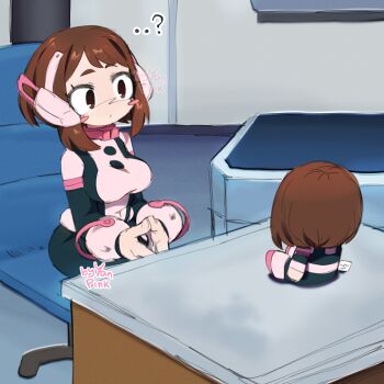 Rule 34 | 1girl, ?, boku no hero academia, breasts, chair, commentary, confused, derivative work, english commentary, highres, looking at object, medium breasts, merchandise, navel, screenshot redraw, sitting, skin tight, stuffed toy, superhero costume, table, uraraka ochako