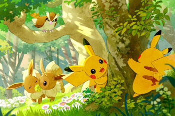 artist_request bird blurry blurry_foreground eevee forest gen_1_pokemon highres nature nintendo no_humans official_art on_grass outdoors pidgey pikachu pokemon pokemon_(creature) tree