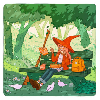 1girl artist_logo backpack bag bench bird blue_flower blue_pants book border broom brown_footwear bush commentary denim drink_carton drinking_straw english_commentary falling_leaves floating floating_book floating_object flower food forest full_body grass green_theme hat highres holding holding_food holding_sandwich jacket jeans juice_box leaf logo long_hair lunchbox magic moss nature on_bench open_book original outdoors pants park_bench pigeon pink_flower pink_hair ranpanda reading red_hat red_jacket rounded_corners sandwich shirt sitting sky socks solo sparkle teeth tree unworn_backpack unworn_bag upper_teeth_only white_border white_shirt white_sky white_socks witch witch_hat wooden_bench