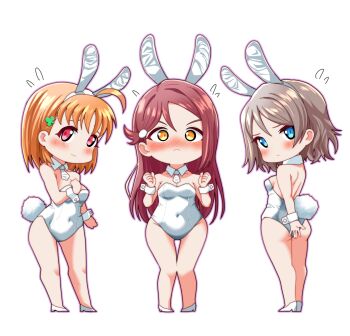 3girls absurdres ahoge animal_ear_hairband animal_ears ass backless_leotard blue_eyes blush breasts chokkakudo cleavage clenched_hands clover_hair_ornament commentary_request covered_navel deformed detached_collar embarrassed fake_animal_ears fake_tail flying_sweatdrops full_body grey_hair hair_ornament hairband high_heels highres leotard long_hair looking_at_viewer love_live! love_live!_sunshine!! medium_breasts multiple_girls necktie nose_blush orange_eyes orange_hair rabbit_ear_hairband rabbit_ears rabbit_tail red_eyes red_hair sakurauchi_riko shoes simple_background strapless strapless_leotard tail takami_chika v-shaped_eyebrows watanabe_you white_background white_hairband white_leotard white_necktie white_shoes white_wrist_cuffs wrist_cuffs