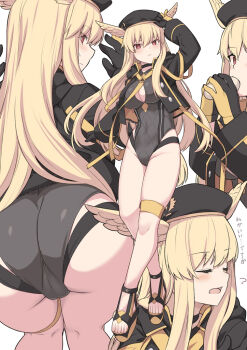 1girl ass beret black_gloves black_headwear black_jacket black_one-piece_swimsuit blonde_hair breasts cameltoe choker cleavage cleavage_cutout closed_eyes clothing_cutout eating fate/grand_order fate_(series) full_body gloves hat head_wings highleg highleg_one-piece_swimsuit hood hooded_jacket jacket large_breasts long_hair long_sleeves looking_at_viewer multiple_views one-piece_swimsuit open_clothes open_jacket open_mouth red_eyes sandals shiseki_hirame sidelocks swimsuit thighs thrud_(fate) thrud_(swimsuit_assassin)_(fate) translation_request valkyrie_(fate) wings